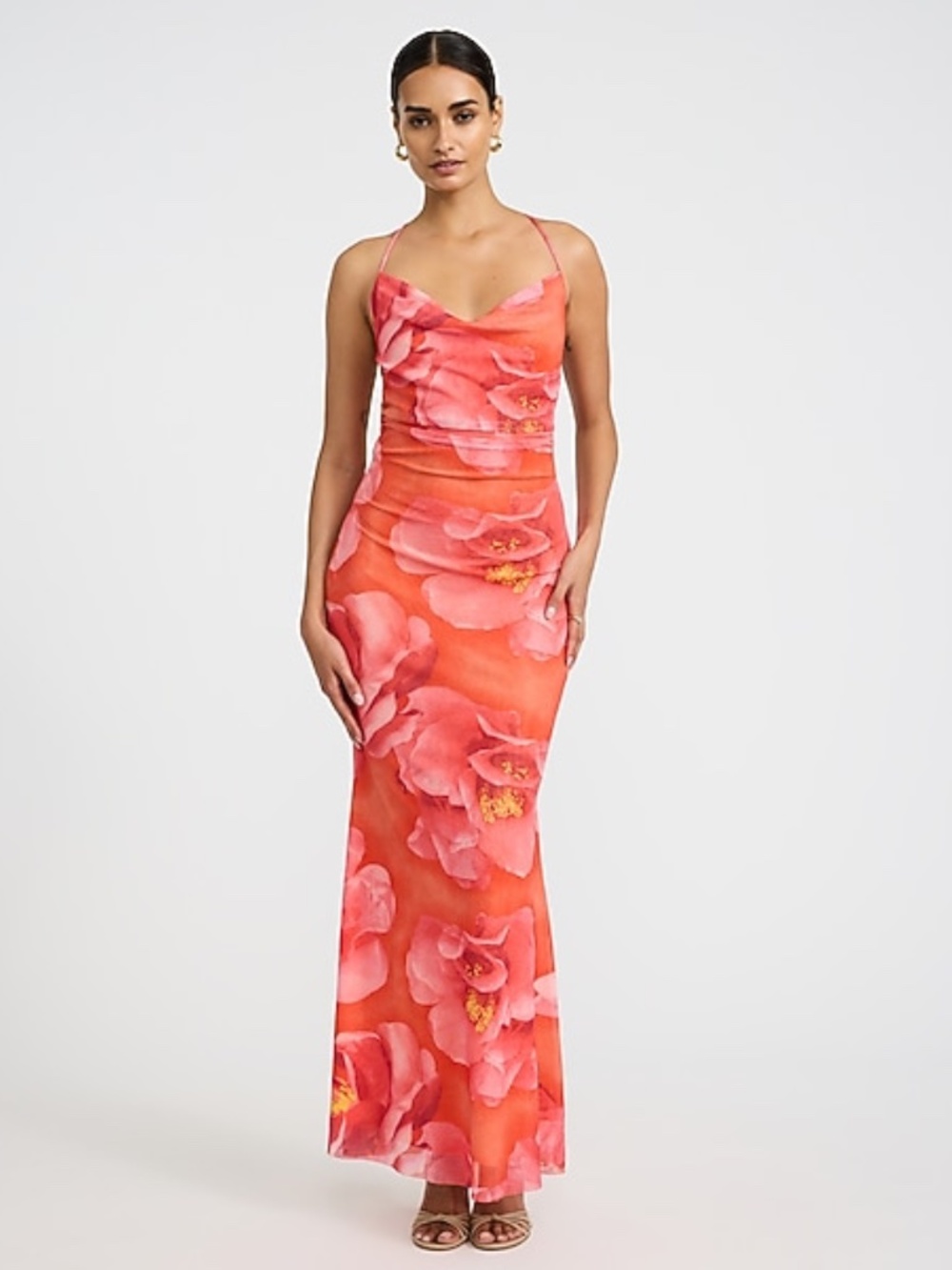 NWOT Floral Mesh Cowl Neck Strappy Low Back Maxi Dress